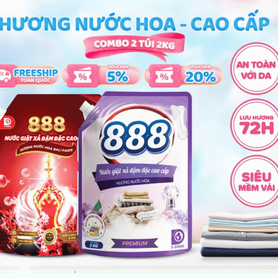 ( Mua 1 tặng 1 túi ) Nước Giặt Xả 888 D-Shining - Túi 2kg tặng 2 ký  -Hương Để Chọn Lựa - Siêu Mềm V