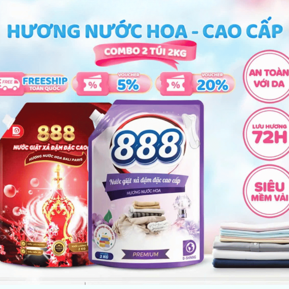 ( Mua 1 tặng 1 túi ) Nước Giặt Xả 888 D-Shining - Túi 2kg tặng 2 ký  -Hương Để Chọn Lựa - Siêu Mềm V
