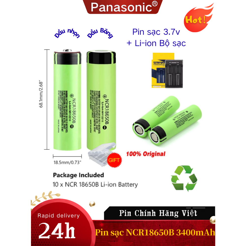 Mới 100% Pin sạc NCR18650 3.7V Panasonic Nhật Bản-Dung Lượng Cao 3400mAh Đầu Bǎng/Đầu nhọn