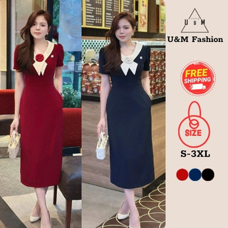  Váy đầm thiết kế có Bigsize U&M dáng ôm dài cổ vạt chéo kèm hoa thanh lịch đi làm đi tiệc   V53  