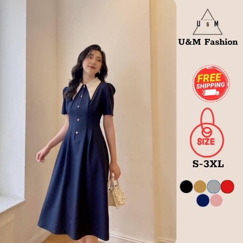[Xả Hàng] Đầm váy công sở phối cổ vest tay ngắn dáng xòe U&M (V771) phù hợp mặc đi làm, đi dự tiệc