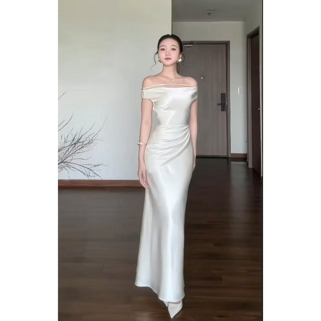 Váy Lụa Hàn Châu Trễ Vai Dáng Dài Dự Tiệc Sang Trọng - D777 (Ảnh Thật - Có Sẵn Hoả Tốc)