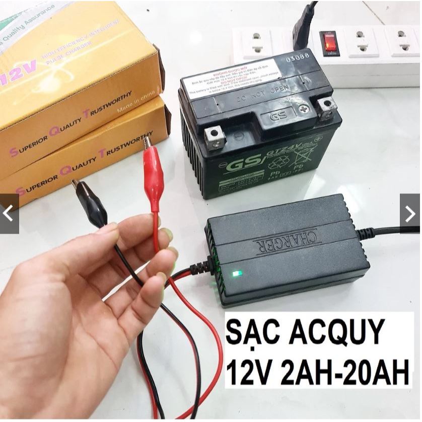 Bộ Sạc Ắc Quy Thông Minh Tự Ngắt 12V 7ah 10ah 12ah 15ah 18ah 20ah Máy Sạc Ắc Quy Xe Máy 12V 2A ĐEN
