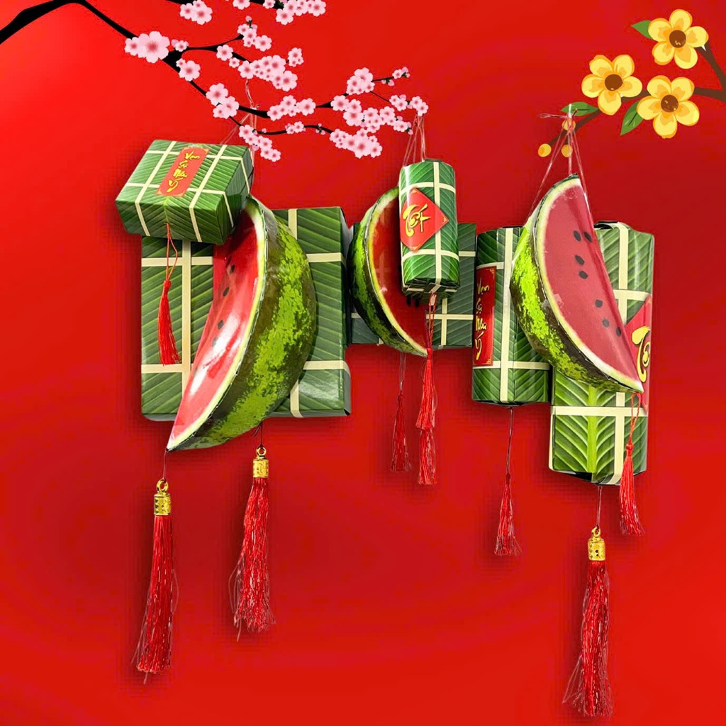Set dây treo mô hình bánh chưng 4,5cm, bánh tét 5,5x2cm trang trí Tết cổ truyền decor