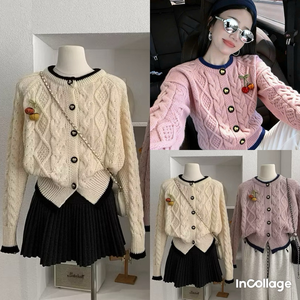 [ Hàng QC Loại 1 ] Áo cardigan len thừng cúc tim phong cách Hàn Quốc Phối viền nơ  -Halinh Shop