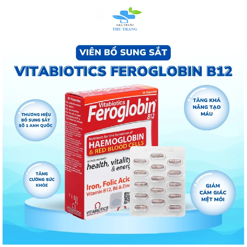 Viên Bổ Máu Vitabiotics Feroglobin B12 - Bổ Sung Sắt, Vitamin Tăng Khả Năng Tạo Máu, Hộp 30 viên