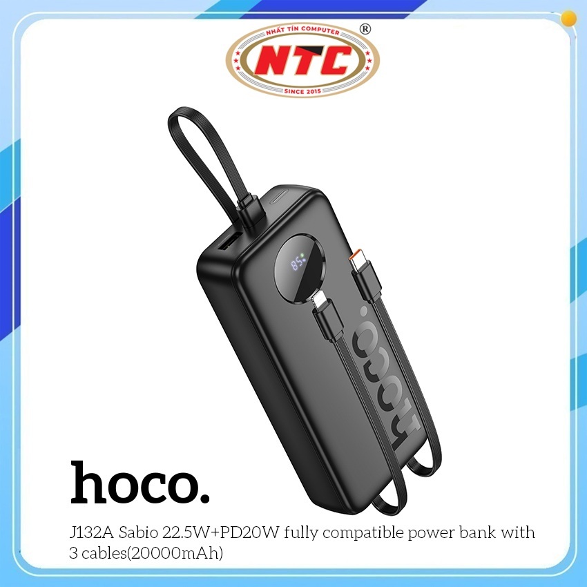 Cục Sạc DP Hoco J132A 20000mAh TypeC PD 20W, Cáp TypeC 22.5W, kèm cáp C to C (Đen) - Nhất Tín Comput