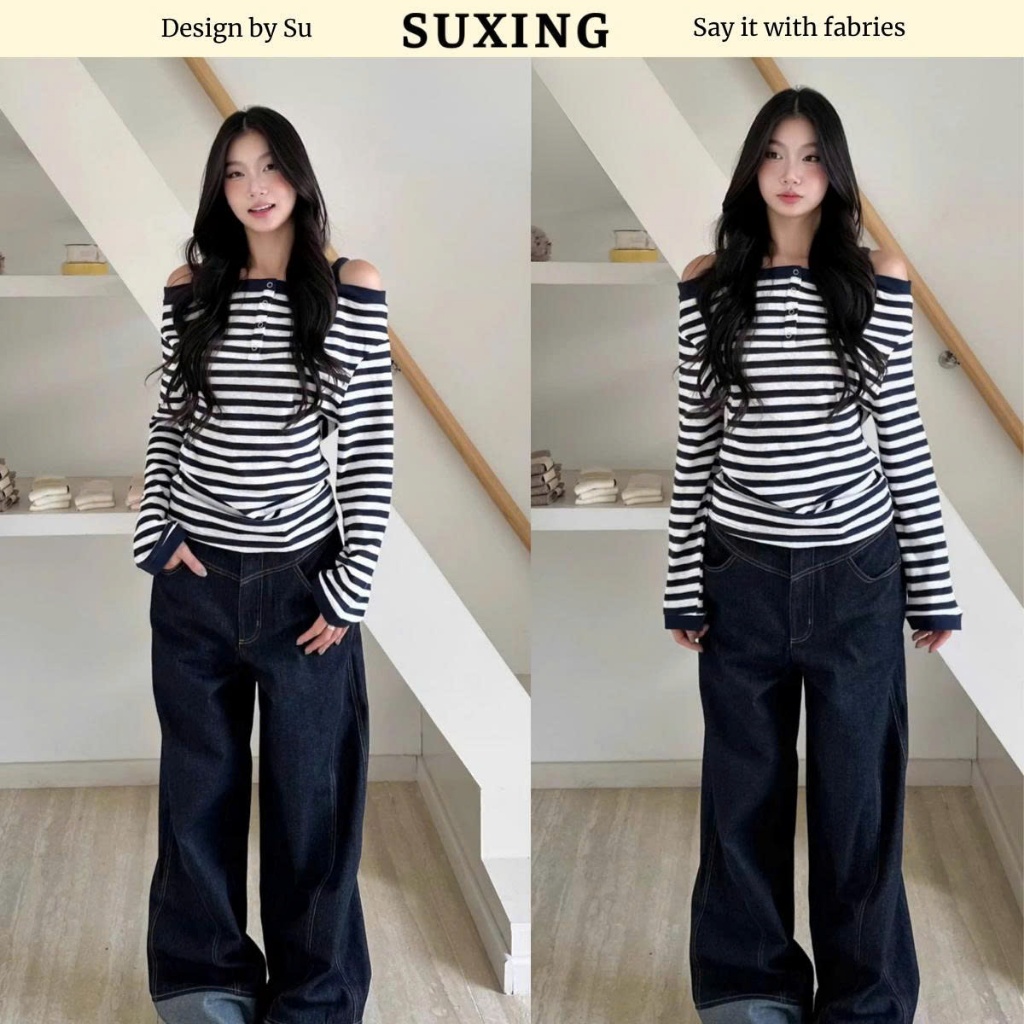 (BST mới) Áo thun kẻ ngang trễ vai tay dài phối viền cổ - Suxing - M22
