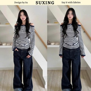   BST mới  Áo thun kẻ ngang trễ vai tay dài phối viền cổ - Suxing - M22 