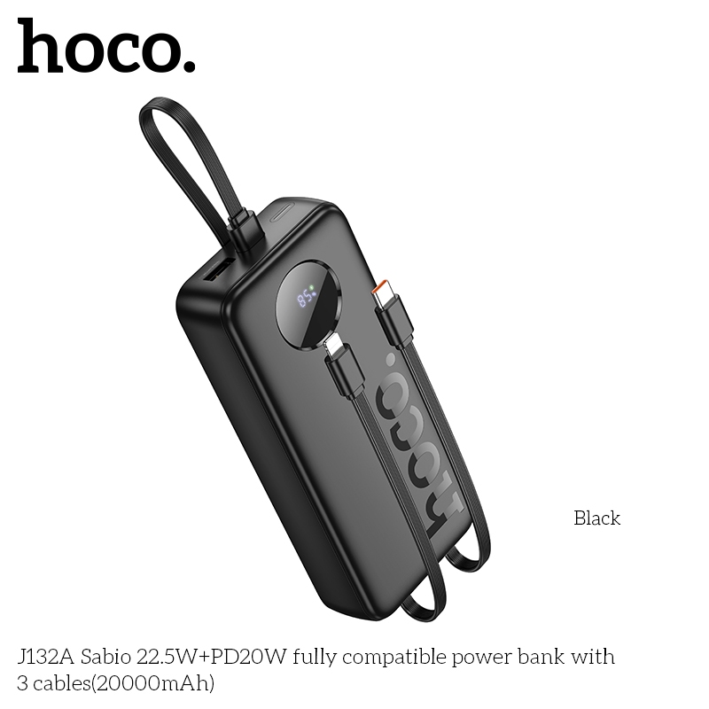 Cục Sạc DP Hoco J132A 20000mAh TypeC PD 20W, Cáp TypeC 22.5W, kèm cáp C to C (Đen)