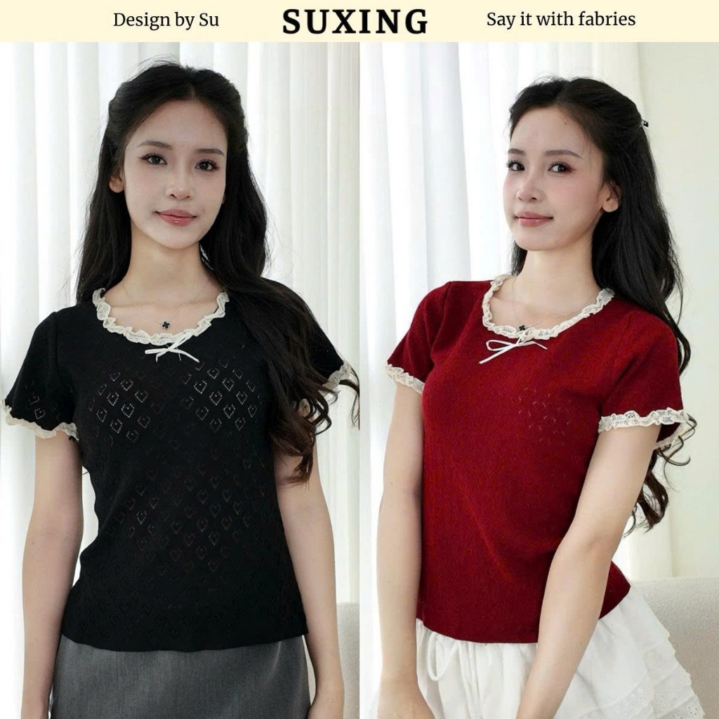 Áo len cộc tay form ngắn phối viền ren nơ xinh xắn - Suxing - AH40