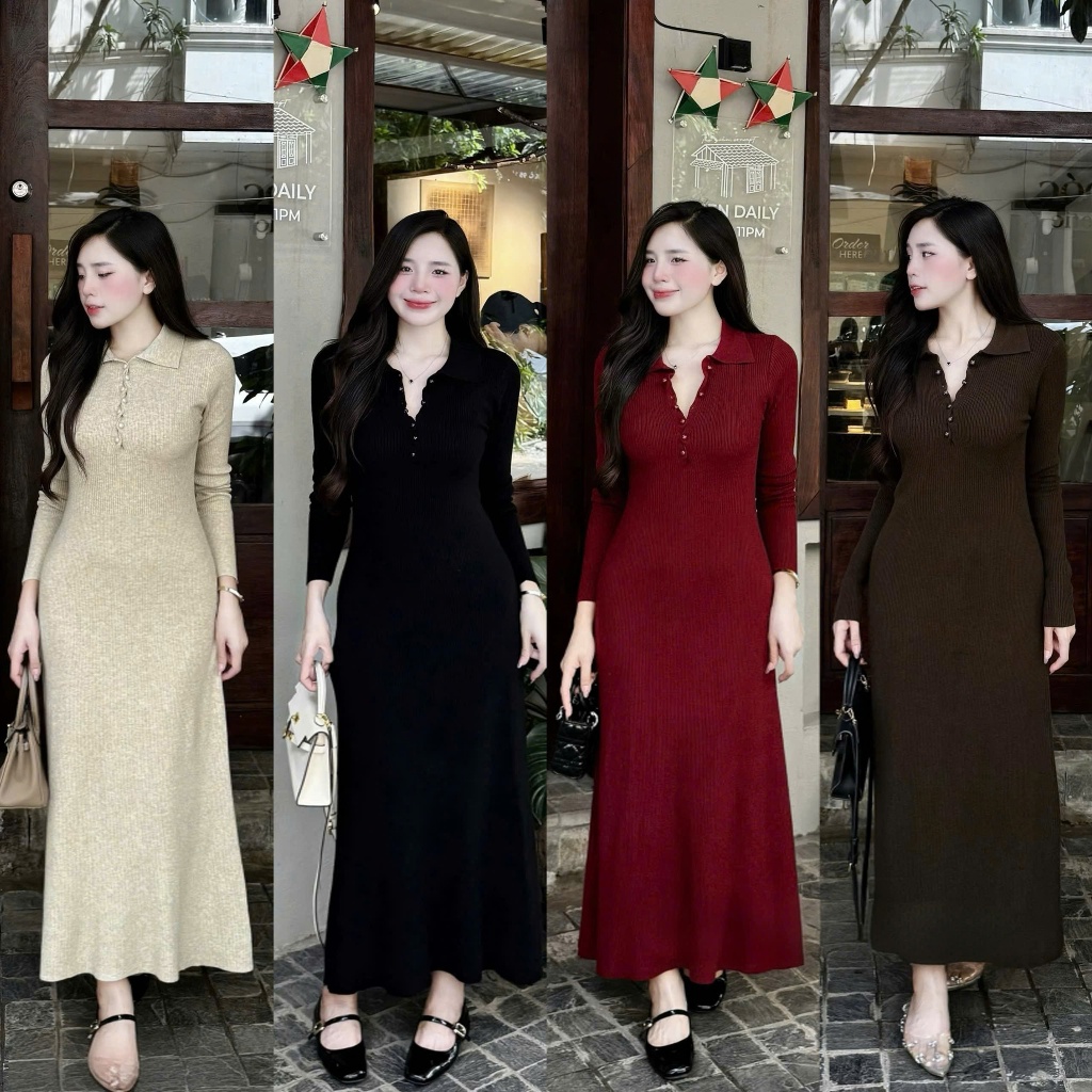 (QC): Váy Len Polo Cúc Lệch Tay Dài Chất Tăm Ôm Body Bầu Bí Bon Chen Thoải Mái 4 Màu -Ảnh Thật Lolla