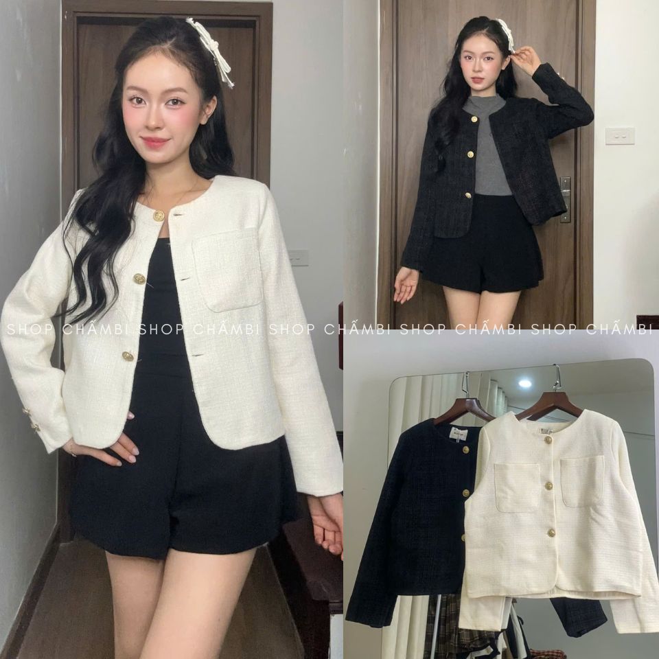 [XẢ HÀNG]Áo dạ tweed nữ A.777, Áo dạ dáng lửng cổ tròn tay dài tweed nhung dày dặn vạt cong cúc đồng