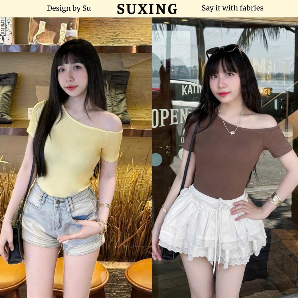 Áo trễ vai tay ngắn form ôm, Áo hè nữ basic hở vai dễ phối đồ - Suxing - S170