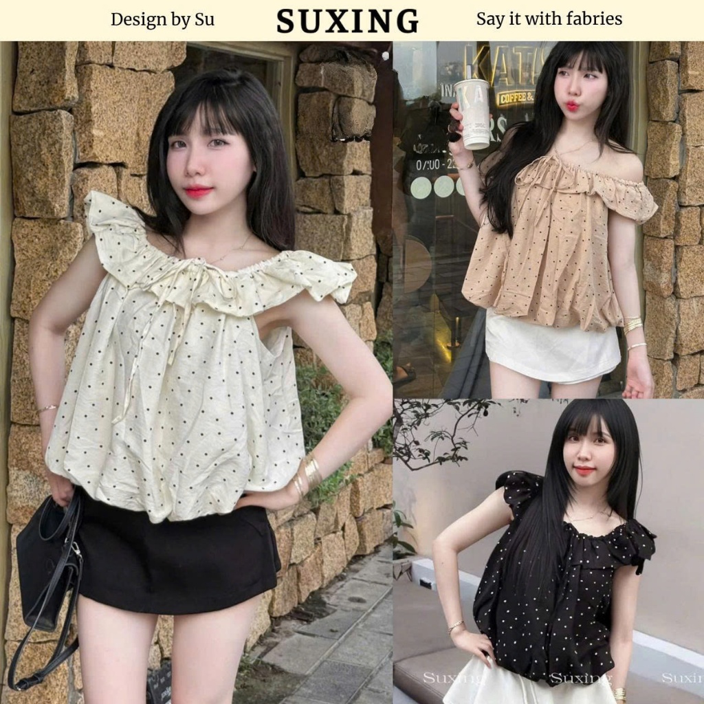 {BST hè 2025} Áo kiểu trễ vai nữ Babydoll tay bồng thiết kế chấm bi - Suxing - S246