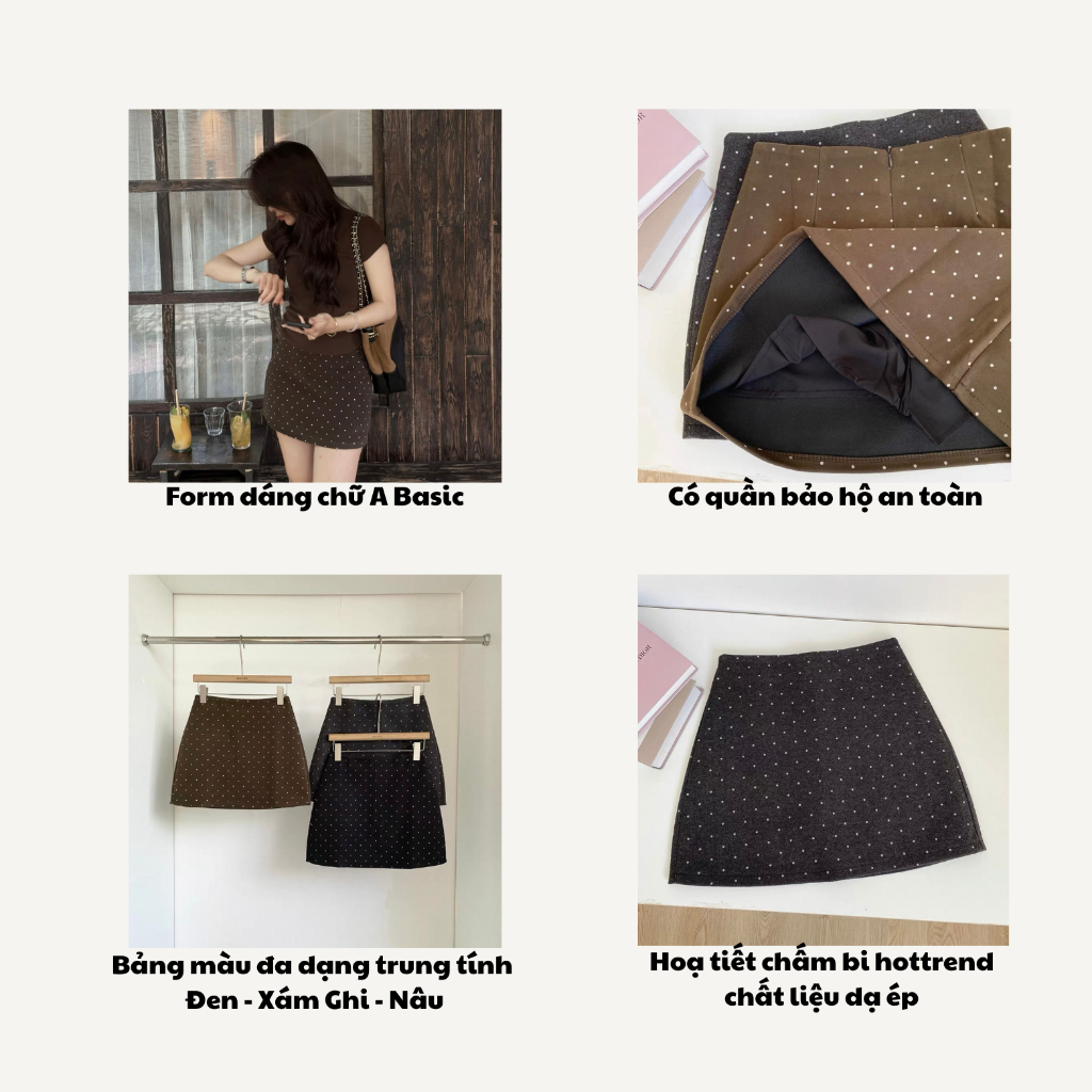 Chân váy nữ chữ A chất dạ ép chấm bi có lót quần CV2211 Chân váy Nữ Mini Skirts dáng chữ A Basic | BigBuy360 - bigbuy360.vn