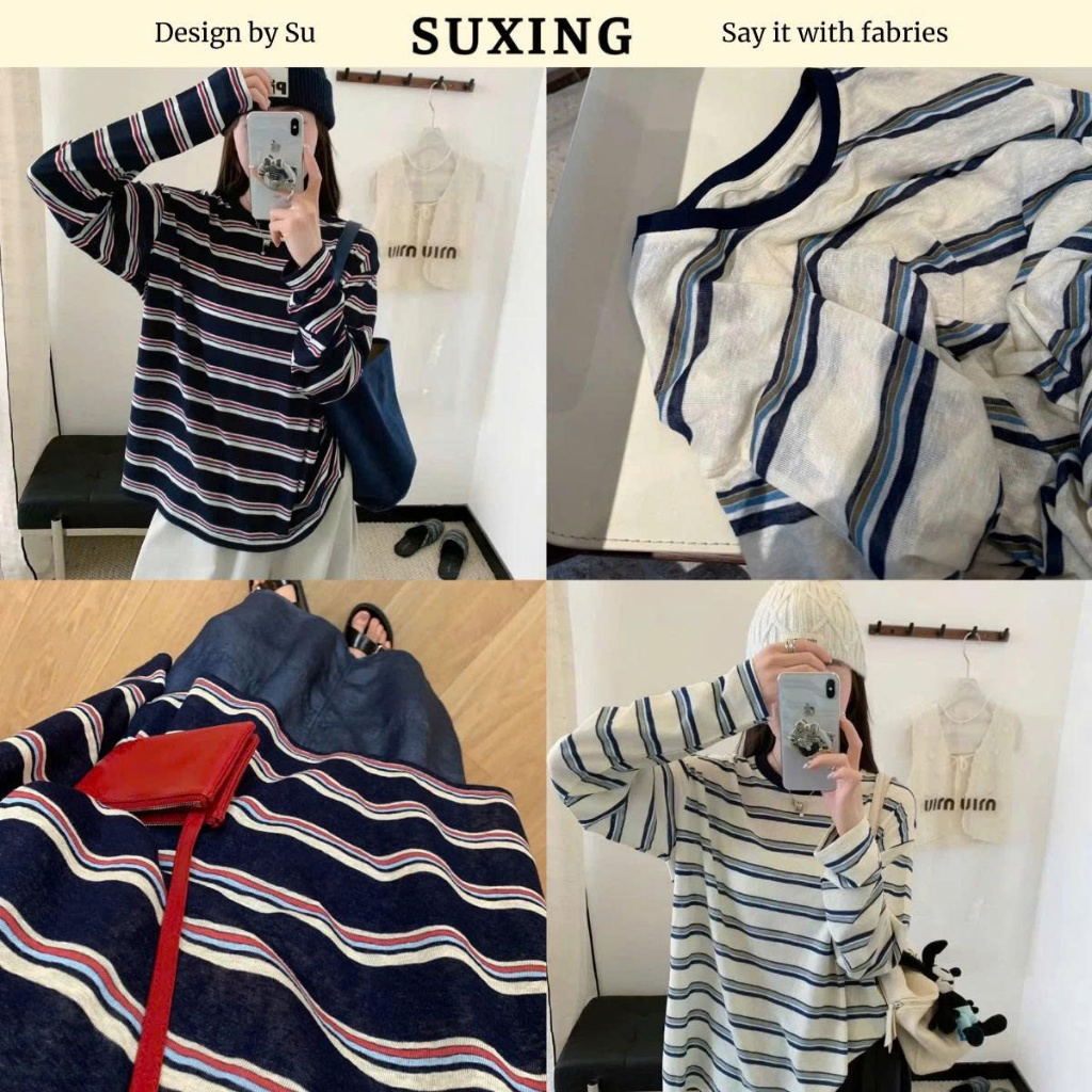 (BST mới) Áo thun dài tay kẻ ngang phối viền cổ form rộng - Suxing - S292