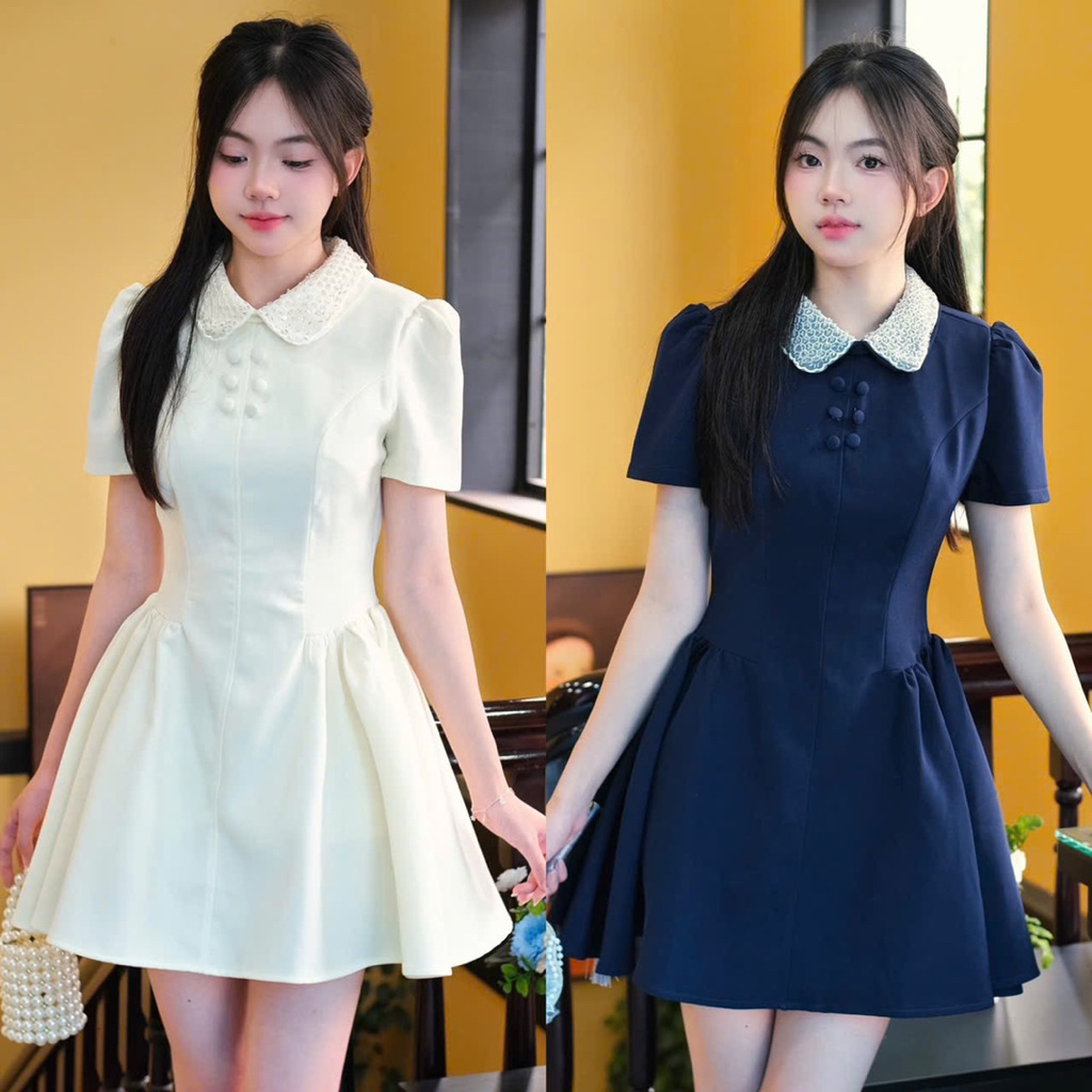 HD store - Váy thiết kế cổ cườm dáng ngắn tiểu thư