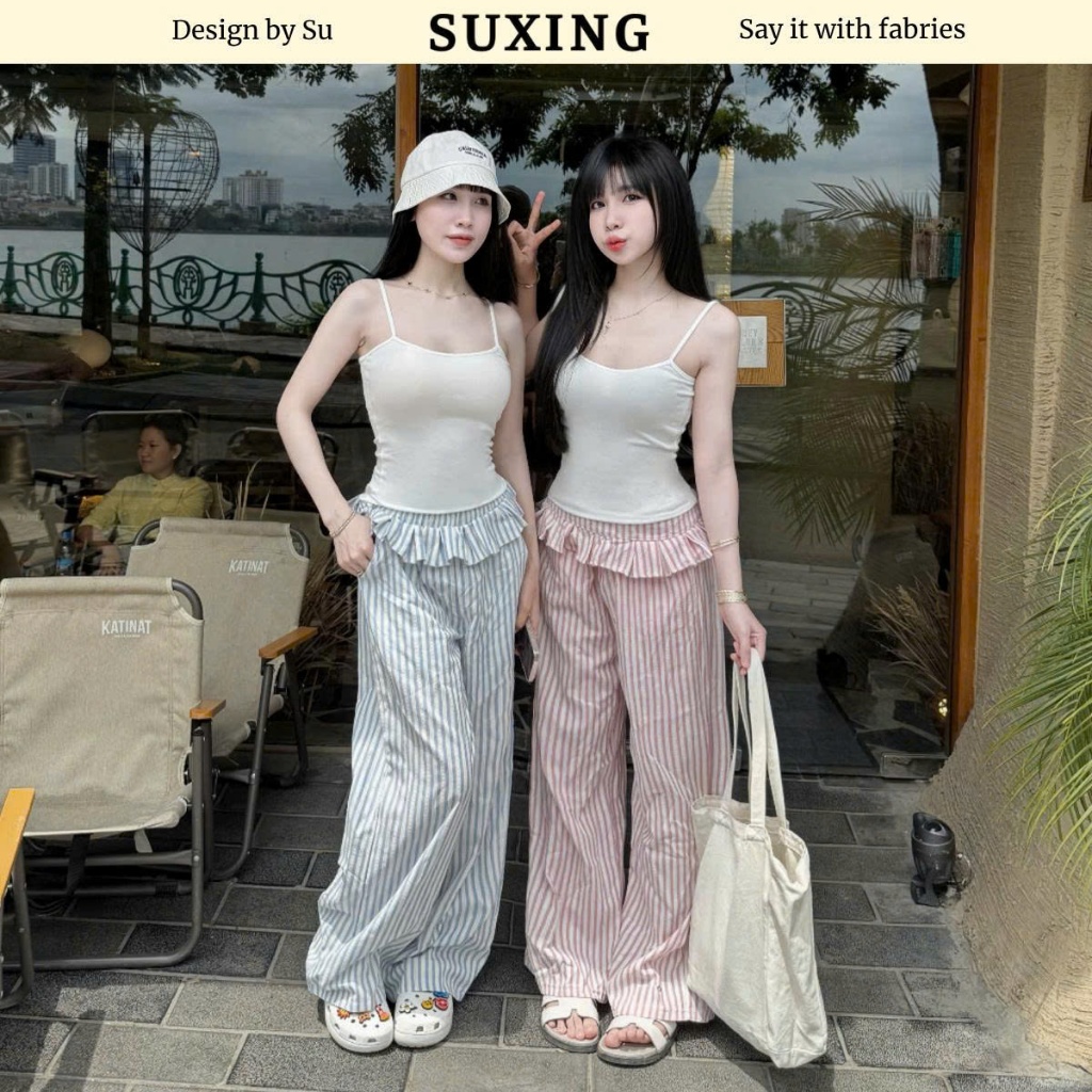 Quần ống suông kẻ sọc mix bèo thiết kế - Suxing -  S190