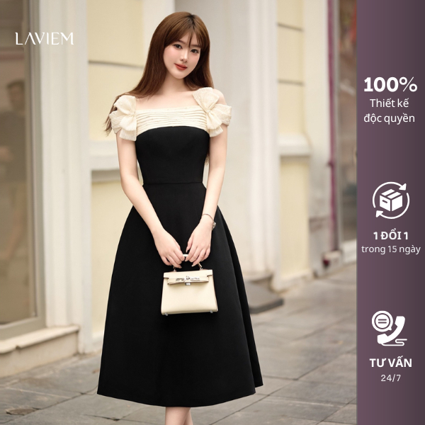 LAVIEM - Váy thiết kế dáng dài màu đen cổ vuông đính nơ - Minda Dress | BigBuy360 - bigbuy360.vn