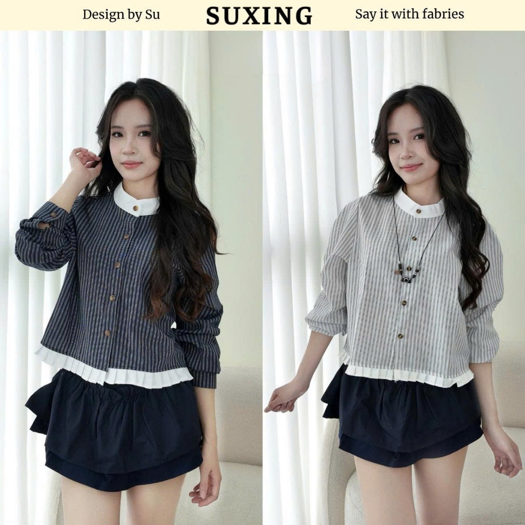 {BST Back to School} Áo sơ mi kẻ tay dài cổ đức dáng lỡ phối viền bèo - Suxing - S250