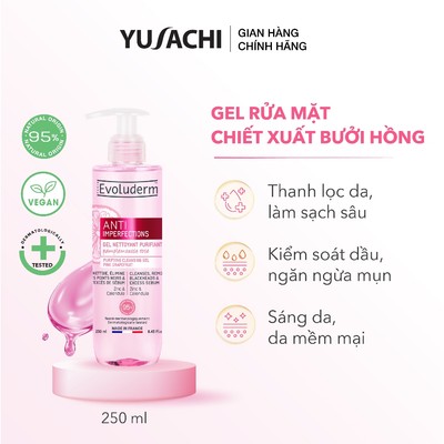Sữa rửa mặt da dầu mụn Evoluderm, thuần chay, dạng gel rửa mặt,  chiết xuất bưởi hồng, srm hỗ trợ trị mụn hiệu quả 250ml