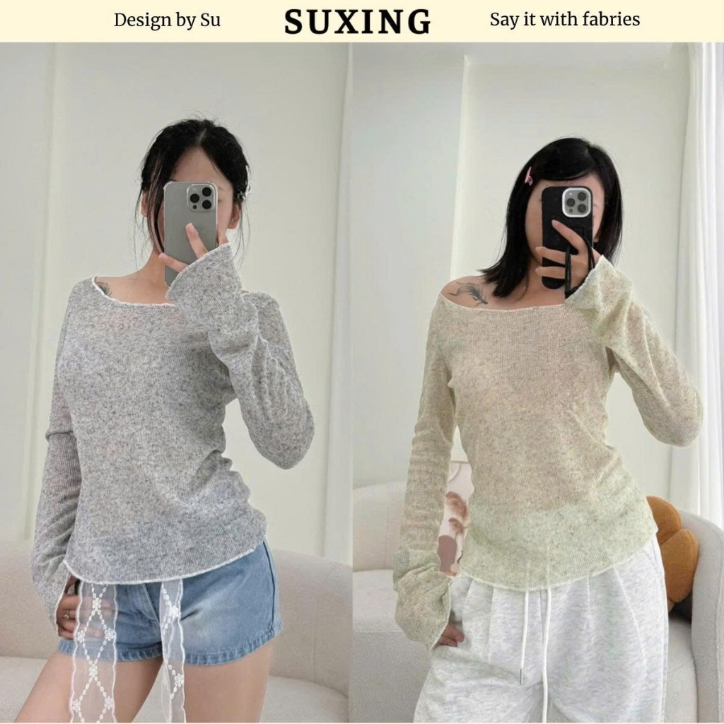 Áo thun dài tay áo kiểu trễ vai nữ phối viền cổ - Suxing - M13