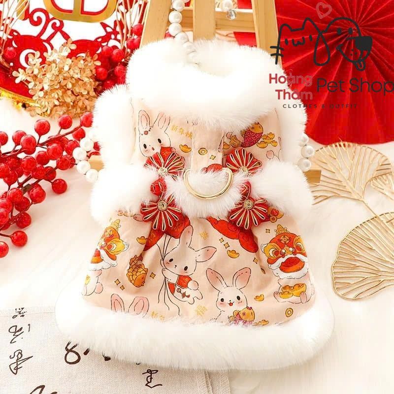 [S] Đầm lolita thỏ xinh xắn lót bông ấm áp cho thú cưng chó mèo mặc Tết có vòng dắt hàng Quảng Châu 