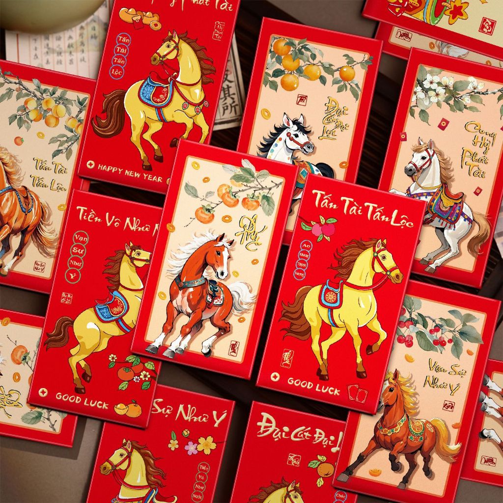Bao Lì Xì Tết 2026 Năm Bính Ngọ - Set 6 Cái Giấy Couche Ép Kim Cao Cấp HJ001