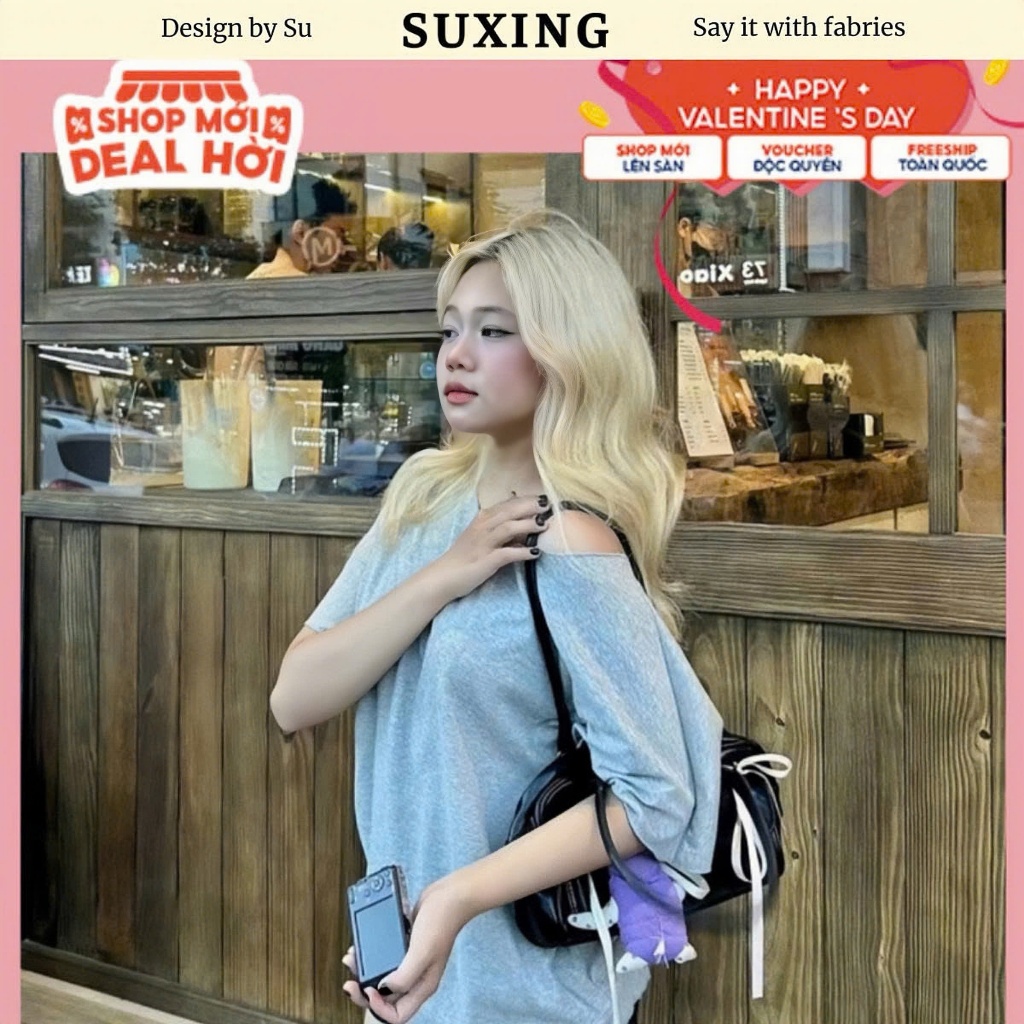 Áo Thun Nữ Dáng Rộng Lệch Vai, Áo Cộc Tay Cổ Lệch Chất Thun Lông Thỏ Form Rộng - Suxing - S57