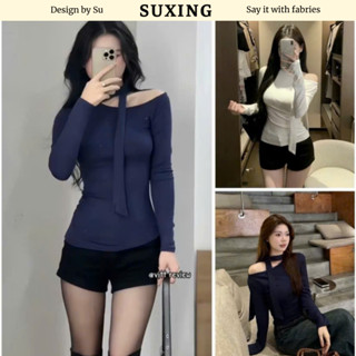  Áo Kiểu Lệch Vai Dài Tay Kèm Dây Buộc Cổ Phong Cách Hàn Quốc - SU.XING - S131 