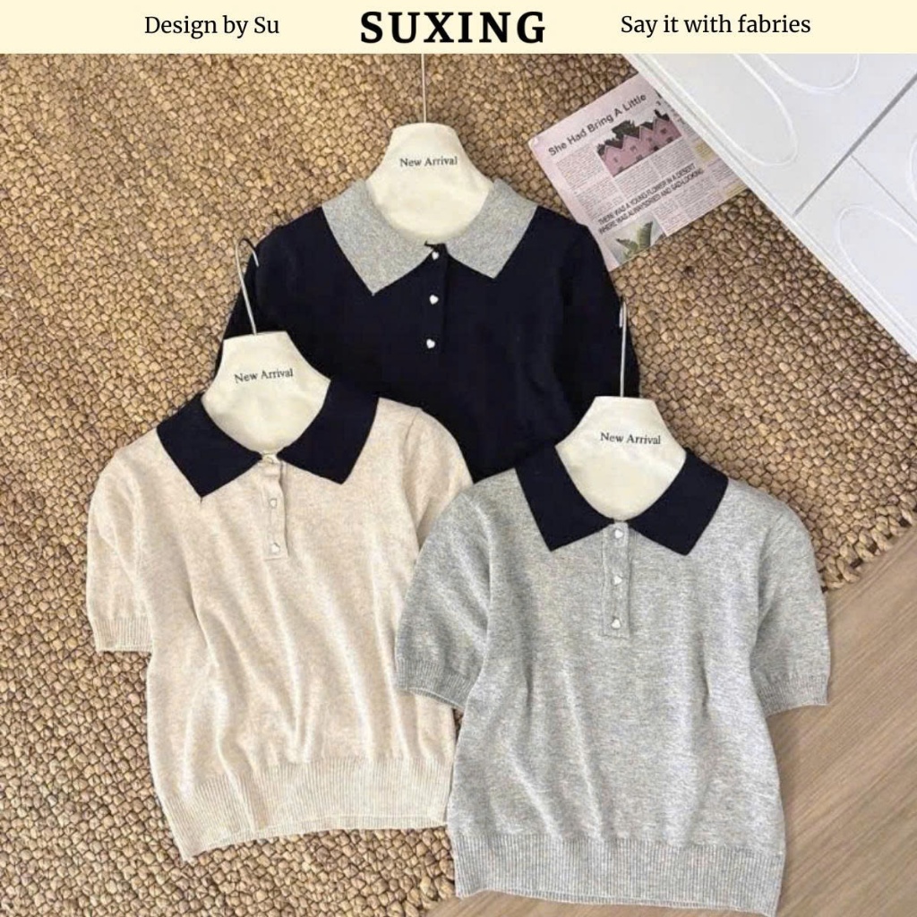 Áo Polo Len Nữ Cổ Bẻ Phối Cúc Tim Đồng Dệt Kim Dáng Vừa AH06 - Suxing