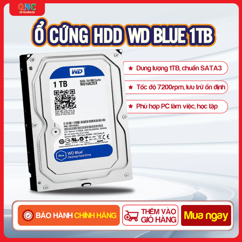 Ổ cứng HDD WD Blue 1TB 3.5" SATA3 7200rpm – Chính hãng – Lưu trữ ổn định, bền bỉ