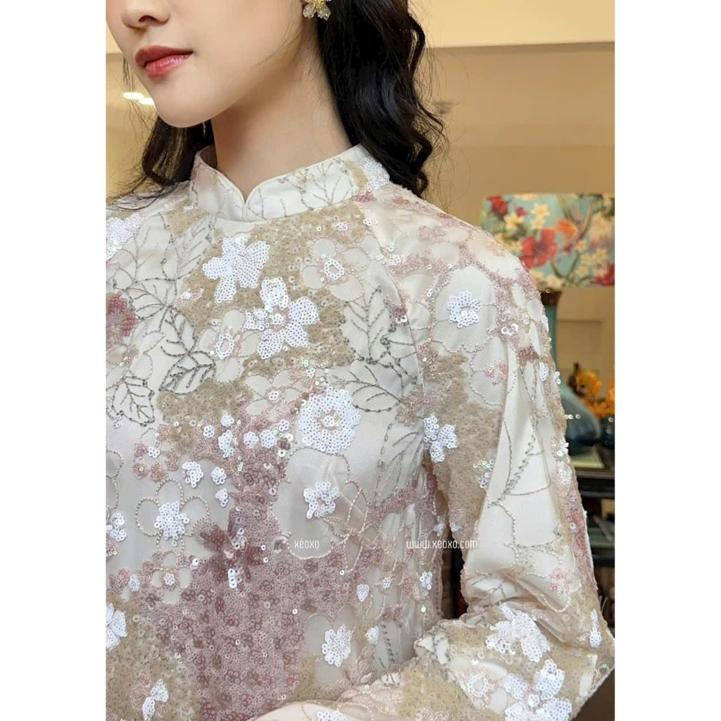 [ÁO DÀI TẾT 2026 - Rin Design] Áo dài CÁCH TÂN kim sa Hồng Sương kèm quần