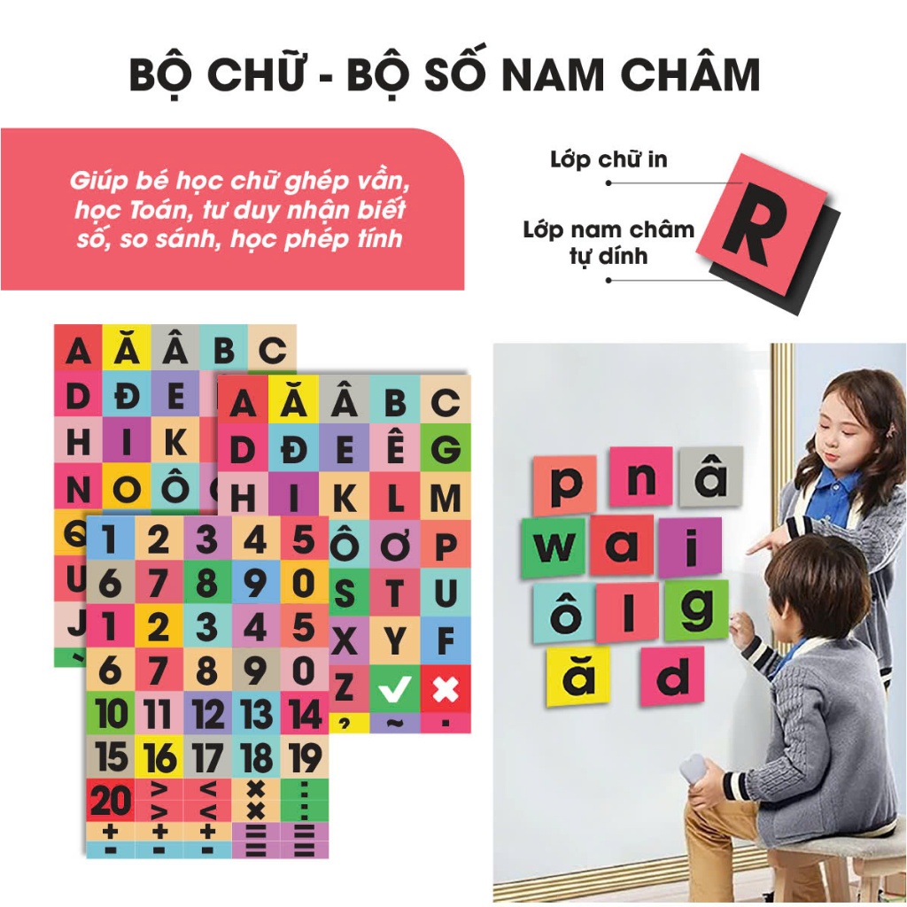 Bộ số và chữ cái Tiếng Việt, Tiếng Anh cho bé có sẵn nam châm giúp bé học nhanh nhớ lâu