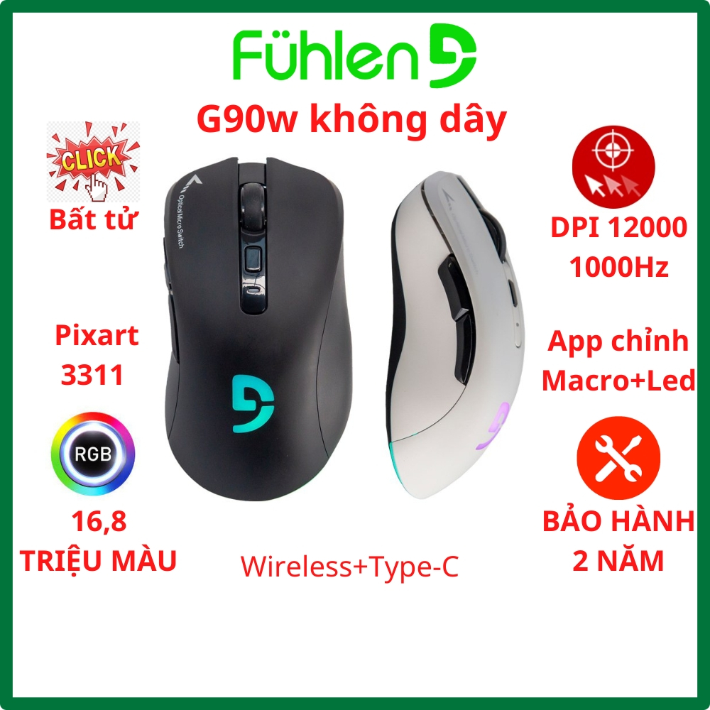 Chuột Gaming không dây Fuhlen G90w pro DPI 12000, 3 chế độ kết nối, led RGB, có app chỉnh macro