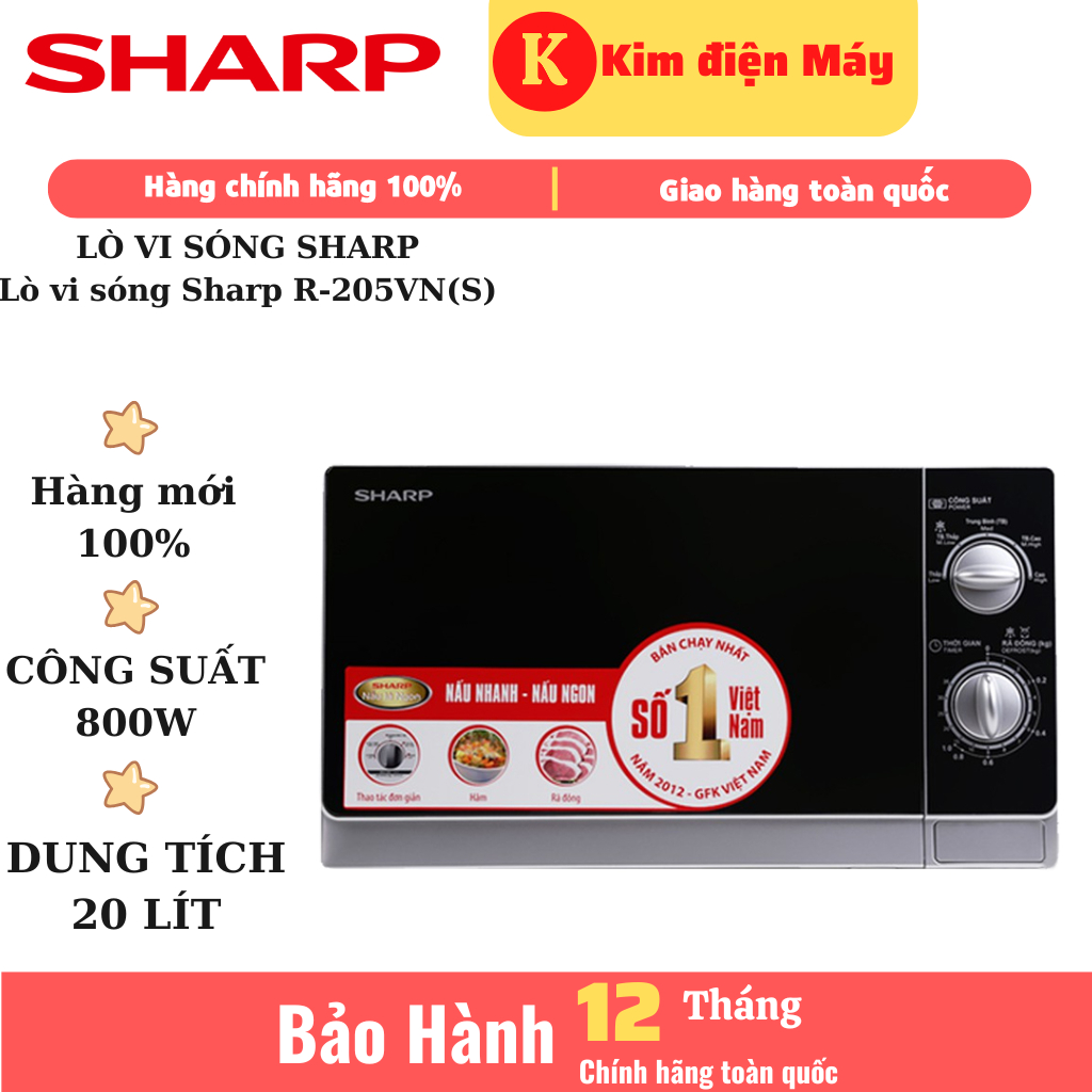 Lò vi sóng Sharp R-205VN-S-20L công suất 800W rã đông hâm nấu nhanh hàng chính hãng
