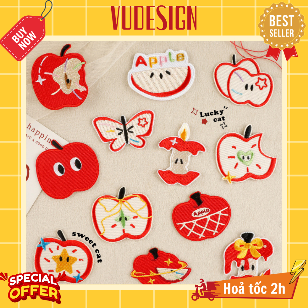 Sticker Vải, Ủi Thêu Quần Áo, Balo Quả Táo Apple Màu Đỏ You Are The Apple Of My Eyes Vudesign