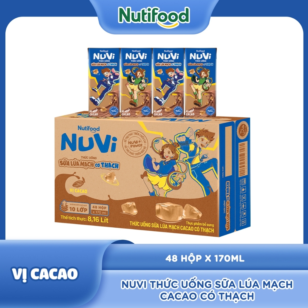 Thùng 48 Hộp NuVi Sữa Lúa Mạch Thạch Cacao/ Đường Đen/ Dâu/ Thạch Cam 170ml - NUTIFOOD SHOP