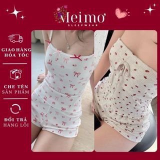  MEIMO - Set đồ ngủ 2 dây đính nơ thun gân co giãn Set bộ ngủ áo ống hoa nhí xinh xắn Bộ mặc nhà ôm body nữ quyến rũ 