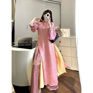  Set Áo Dài Gấm Hoa Hồng Mix Quần Lụa Suông Lannie Set Áo Dài 2 Tà Fom Rộng Mix Quần Ống Đứng Lịch Lãm 