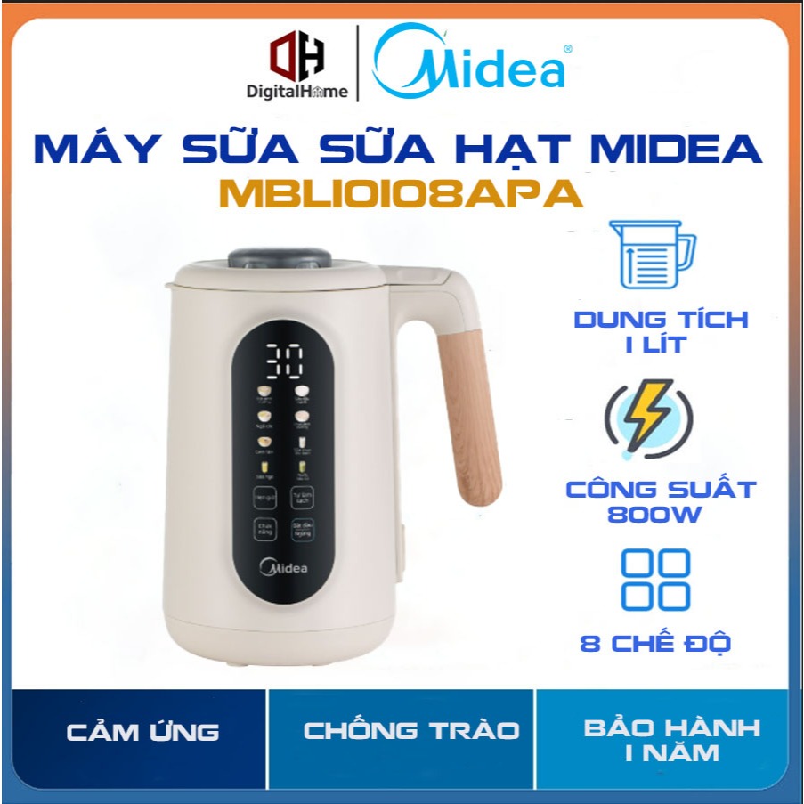 Máy Làm Sữa Hạt Đa Năng Midea MBL10108APA, Dung Tích 1L, Công Suất 800W, Bảo Hành Chính Hãng