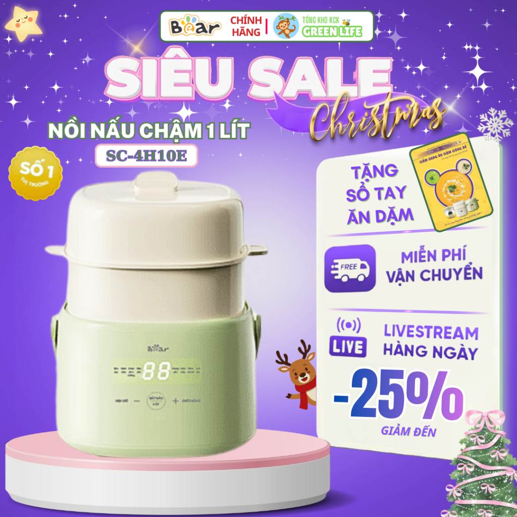 Nồi nấu chậm Bear 1 Lít SC-4H10E - 7 chế độ ninh, nấu, hầm, hấp, Kèm xửng hấp, Chuyên nấu cháo