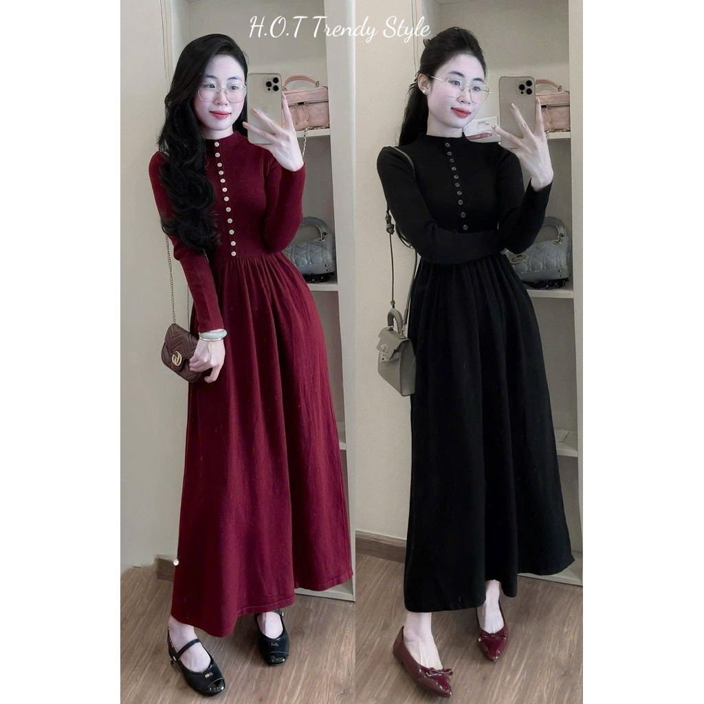 Váy nữ Len Tăm Phối Thô Sang 2 Màu Đỏ Đen Chảnh Thanh Lịch Chuẩn Form mẫu mặc AV Design