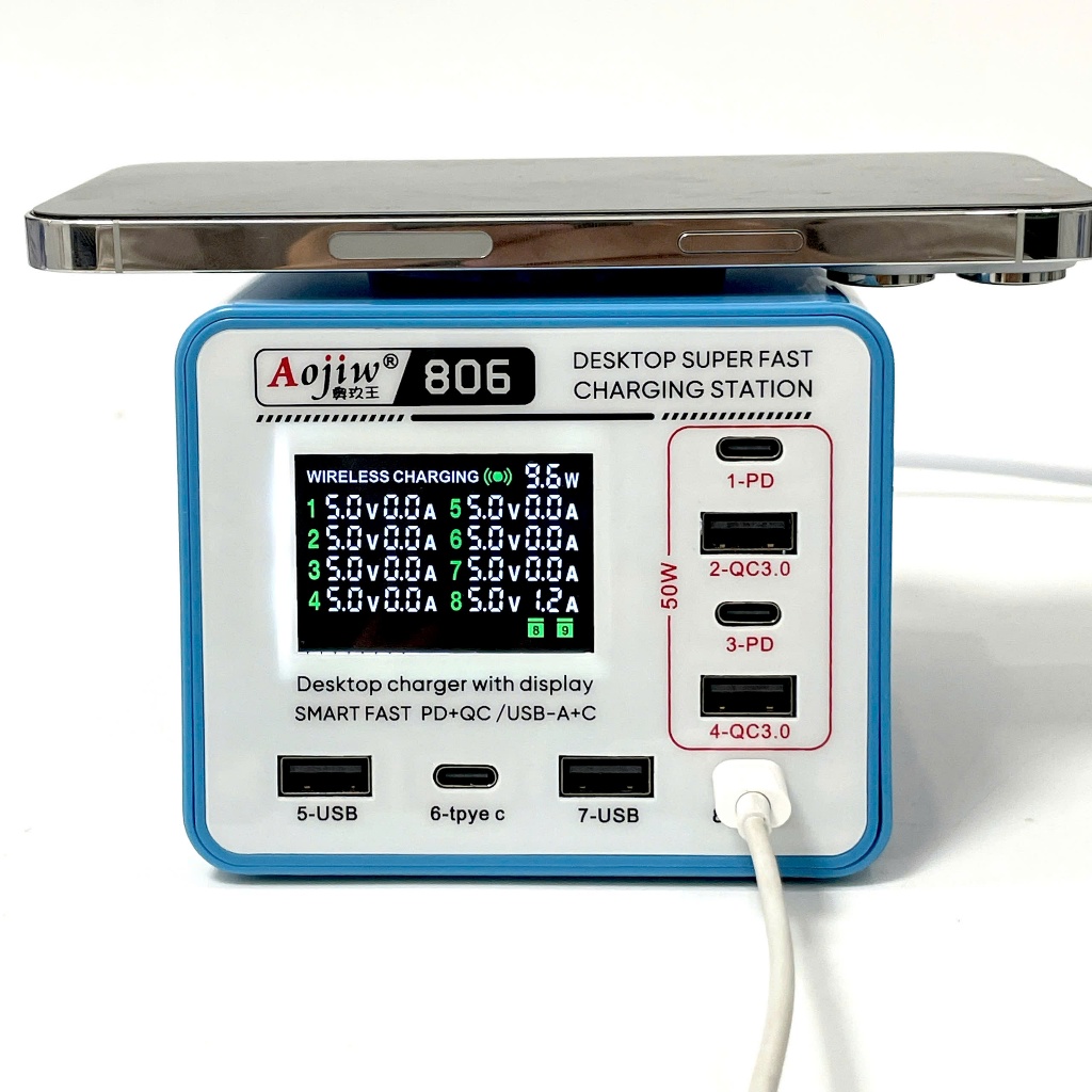 Bộ sạc nhanh báo dòng Aojiw 806 8 cổng (có sạc không dây)