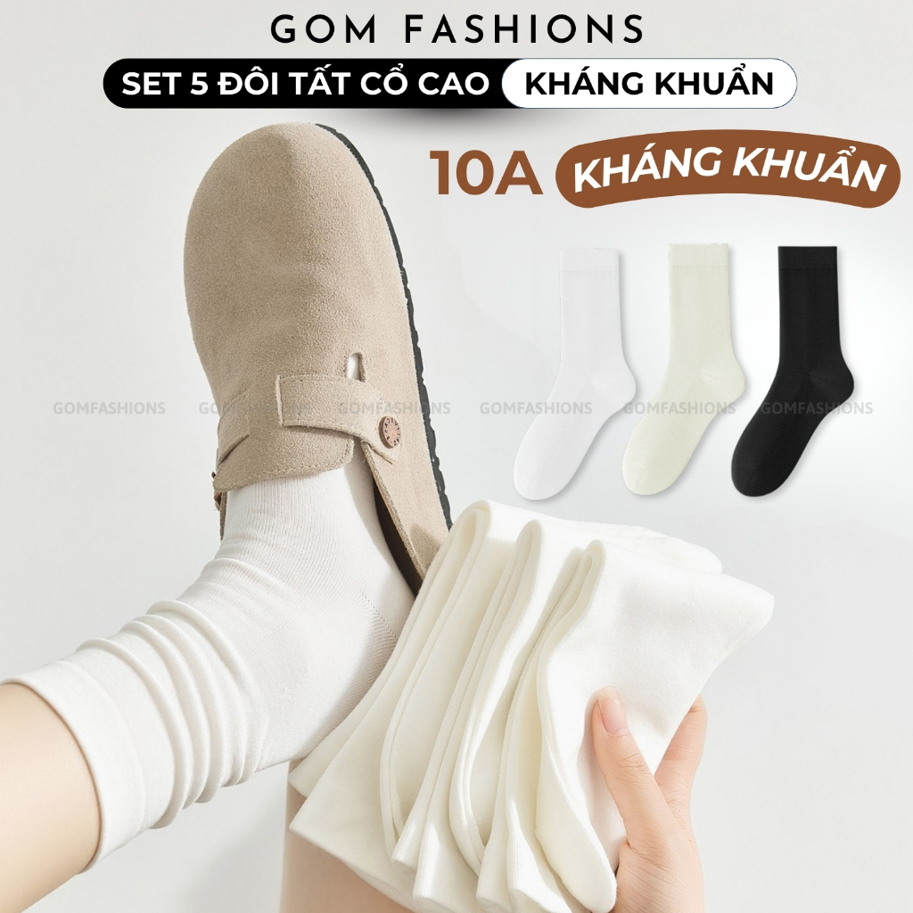 Combo 5 đôi tất nữ cổ cao thoáng khí GOMTAT mẫu trơn basic, vớ trắng chất cotton mềm mại, êm chân | BigBuy360 - bigbuy360.vn