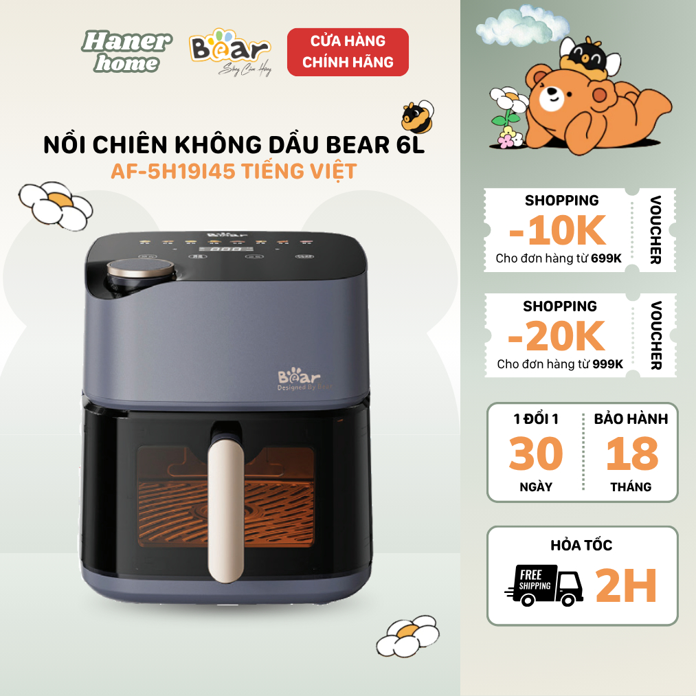 Nồi Chiên Không Dầu Bear 6L Giảm Dầu Mỡ Đa Năng 8 Chế Độ Nấu Ăn Healthy Tiện Lợi AF-5H19I45