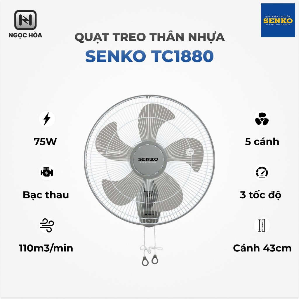 Quạt Treo Tường 2 Dây SENKO TC1880, TC1883 - Công suất 75W - Hàng Chính Hãng