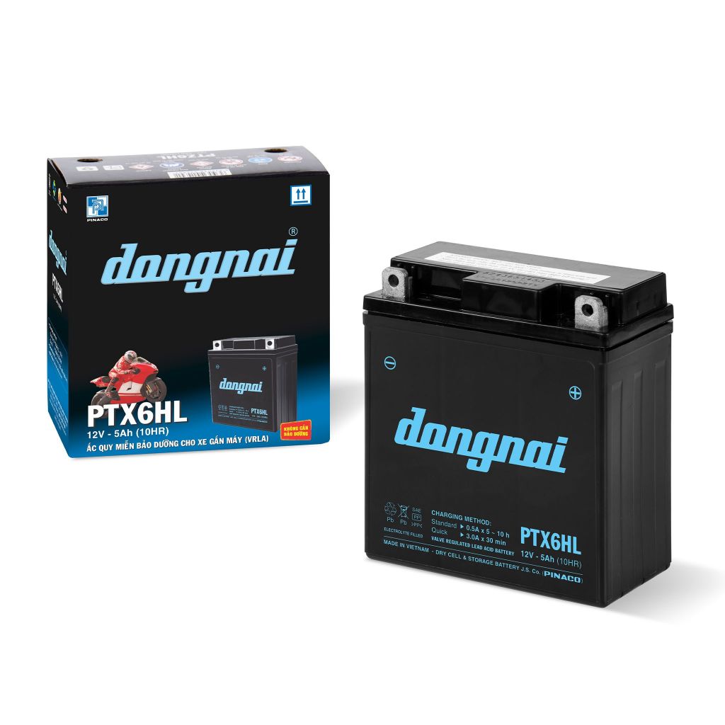 BÌNH ACQUY XE MÁY KHÔ MIỄN BẢO DƯỠNG DONGNAI PTX6HL | 12V - 5AH, (DREAM, WAVE, SIRIUS, JUPITER V.V..