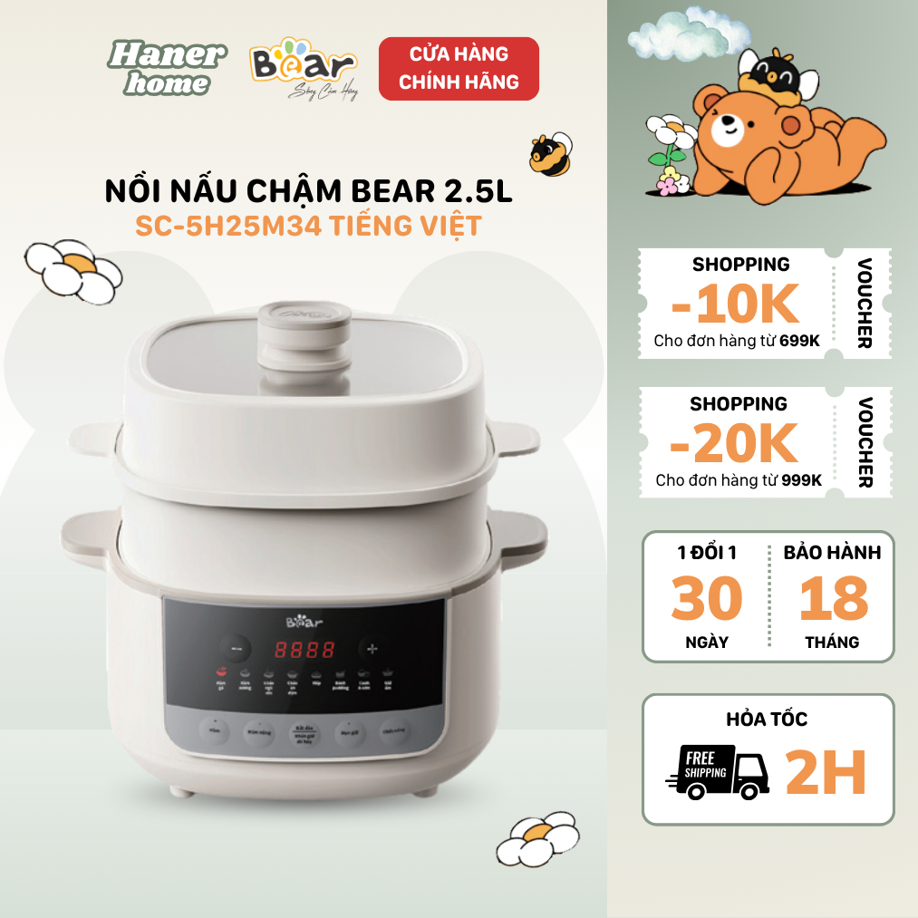 Nồi Nấu Cháo Chậm Bear 2.5L Có Xửng Hấp 8 Chế Độ Nấu Hầm Hấp Cho Bé Giữ Trọn Dinh Dưỡng SC-5H25M34
